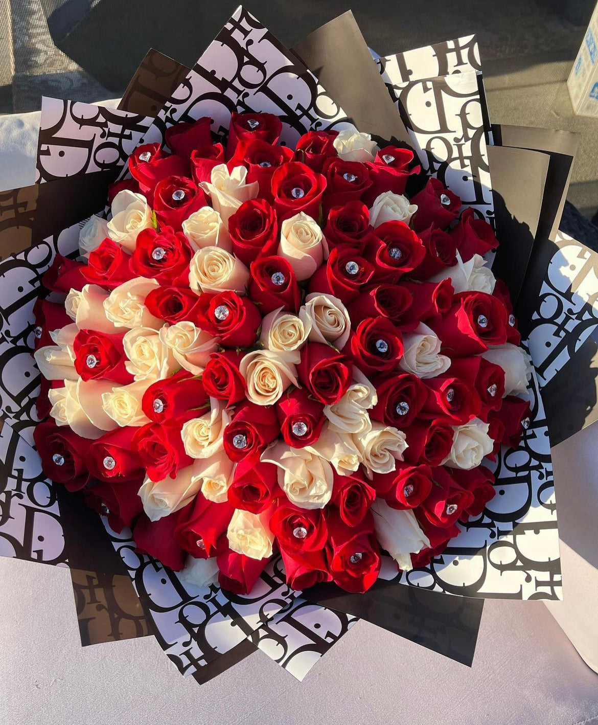 Red & White Diamonds Bouquet - Fresh Roses